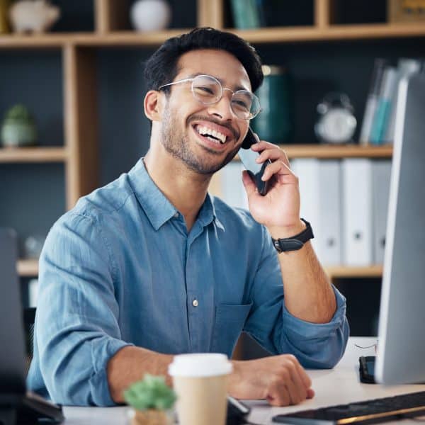 Focus on Earning Trust so that Like and Know Follow 3 Business man, phone call and laughing at computer, office desk or conversation with smile. Happy wo