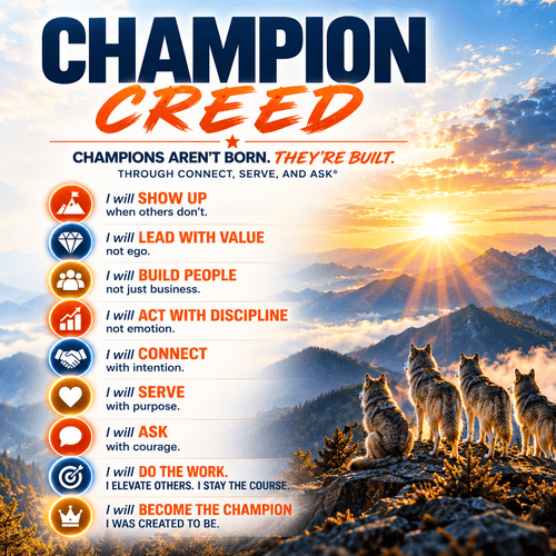 Why Every Business Owner Belongs in the Develop Your Champions Workshop 1 Champion Creed. Champions aren't born. They're built, through Connect, Serve, and Ask®. I will show up when others don't. I will lead with value, not ego. I will build people, not just business. I will act with discipline, not emotion. I will connect with intention. I will serve with purpose. I will ask with courage. I will do the work: I elevate others and stay the course. I will become the champion I was created to be. Four wolves look toward a sunrise over mountains.