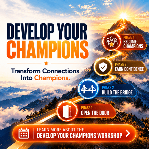Develop Your Champions: Transform connections into Champions. A glowing path climbs a mountain toward a sunrise through four phases: Phase 1, Open the Door; Phase 2, Build the Bridge; Phase 3, Earn Confidence; Phase 4, Become Champions.