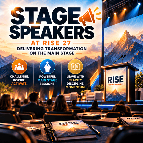 Stage Speakers at RISE 27: Delivering transformation on the main stage. Challenge. Inspire. Activate. Powerful main stage sessions. Leave with clarity, discipline, momentum. A podium with the RISE: The Champion Experience logo stands before a large screen showing a mountain at sunrise, with an audience and RISE Journals at the tables in front.