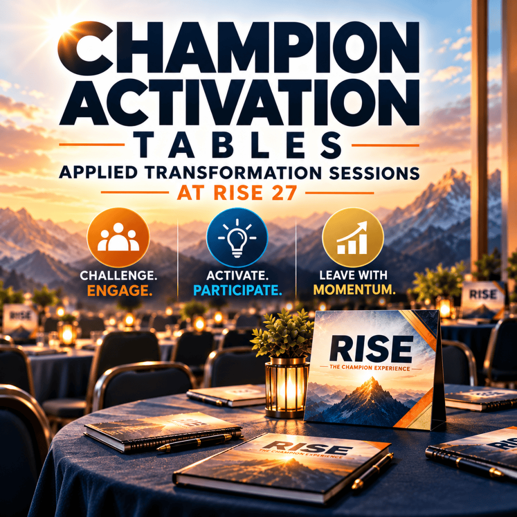 Champion Activation Tables: Applied Transformation Sessions at RISE 27. Challenge. Engage. Activate. Participate. Leave with momentum. Round tables set with RISE Journals and a RISE: The Champion Experience table sign, with mountains at sunrise behind them.